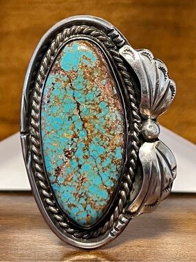 Old Native American Turquoise Statement Ring Sterling Silver Size 9.75